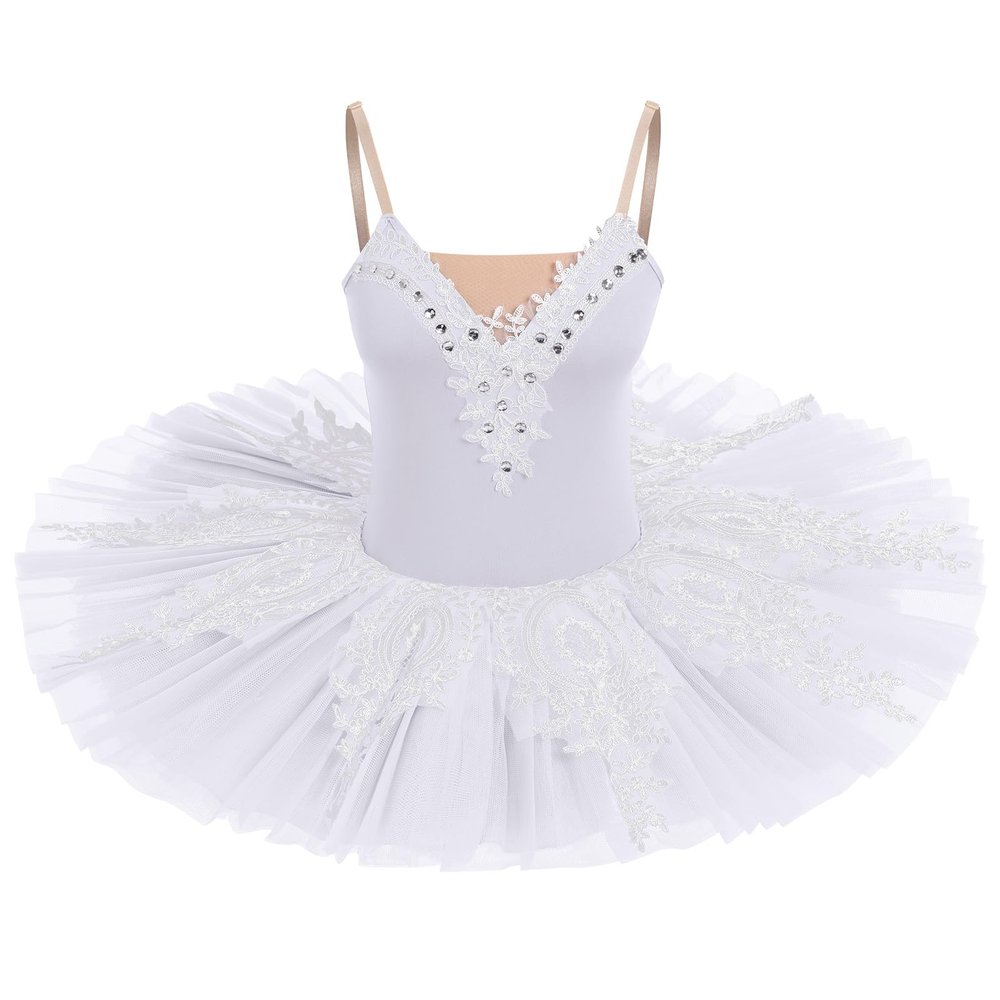 AFAVOM Dance Leotards for Women Girls Ballerina Swan Lake Costumes Adult Ballet Dance Dress Hard Platter Tutu Camisole Skirt Leotard Rhinestone Embroidery Tutu Dress for Performance Dancewear White S
