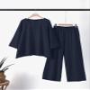 2 Piece Cotton Linen Outfits for Women Plus Size Linen Set Loose Long Sleeve Shirts Wide Leg Pants Suits view 3