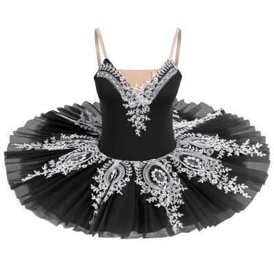 AFAVOM Dance Leotards for Women Girls Ballerina Swan Lake Costumes Adult Ballet Dance Dress Hard Platter Tutu Camisole Skirt Leotard Rhinestone Embroidery Tutu Dress for Performance Dancewear Black L
