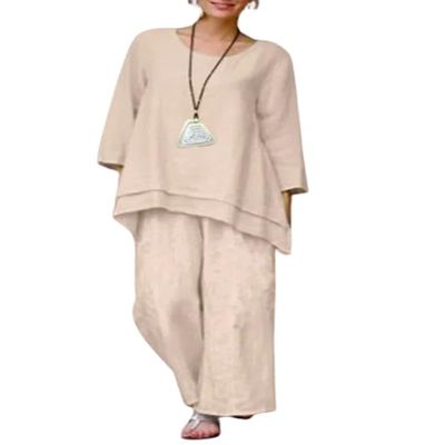 2 Piece Cotton Linen Outfits for Women Plus Size Linen Set Loose Long Sleeve Shirts Wide Leg Pants Suits