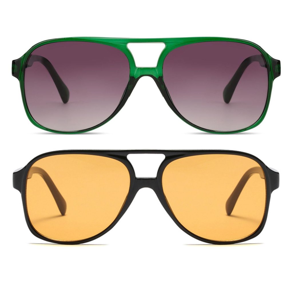 Freckles Mark Vintage Retro 70s Sunglasses for Women Men Classic Large Square Aviator Trendy Glasses (2P: Yellow & Green/Grey, 60)