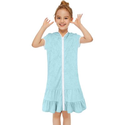 AIMAOMI Toddler Girl Swim Cover Up Dress Short Sleeve Hoodie Zipper Towel Bathing Suit Summer Beach (Green, 6-7 Years)