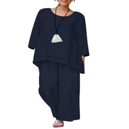 2 Piece Cotton Linen Outfits for Women Plus Size Linen Set Loose Long Sleeve Shirts Wide Leg Pants Suits