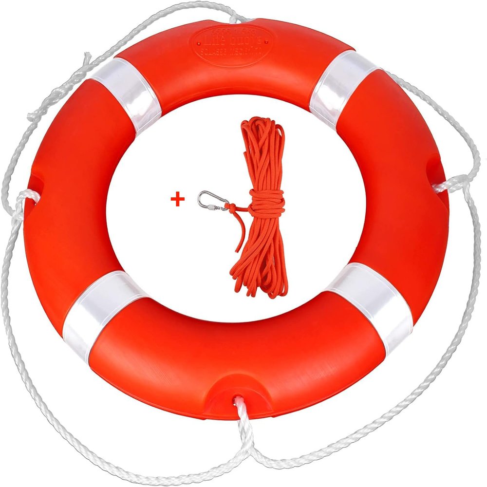 23" Life Ring with Floating Lifesaving Rope 50 for Boating Safety, Boat Throw Rings with Reflective Strip,Orange Throw Ring with Grab Lines