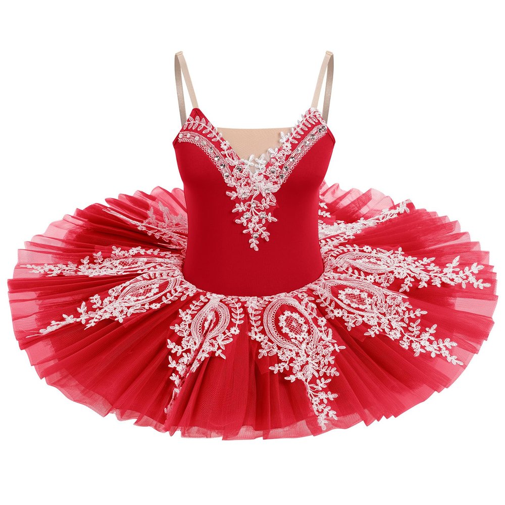 AFAVOM Dance Leotards for Women Girls Ballerina Swan Lake Costumes Adult Ballet Dance Dress Hard Platter Tutu Camisole Skirt Leotard Rhinestone Embroidery Tutu Dress for Performance Dancewear Red S