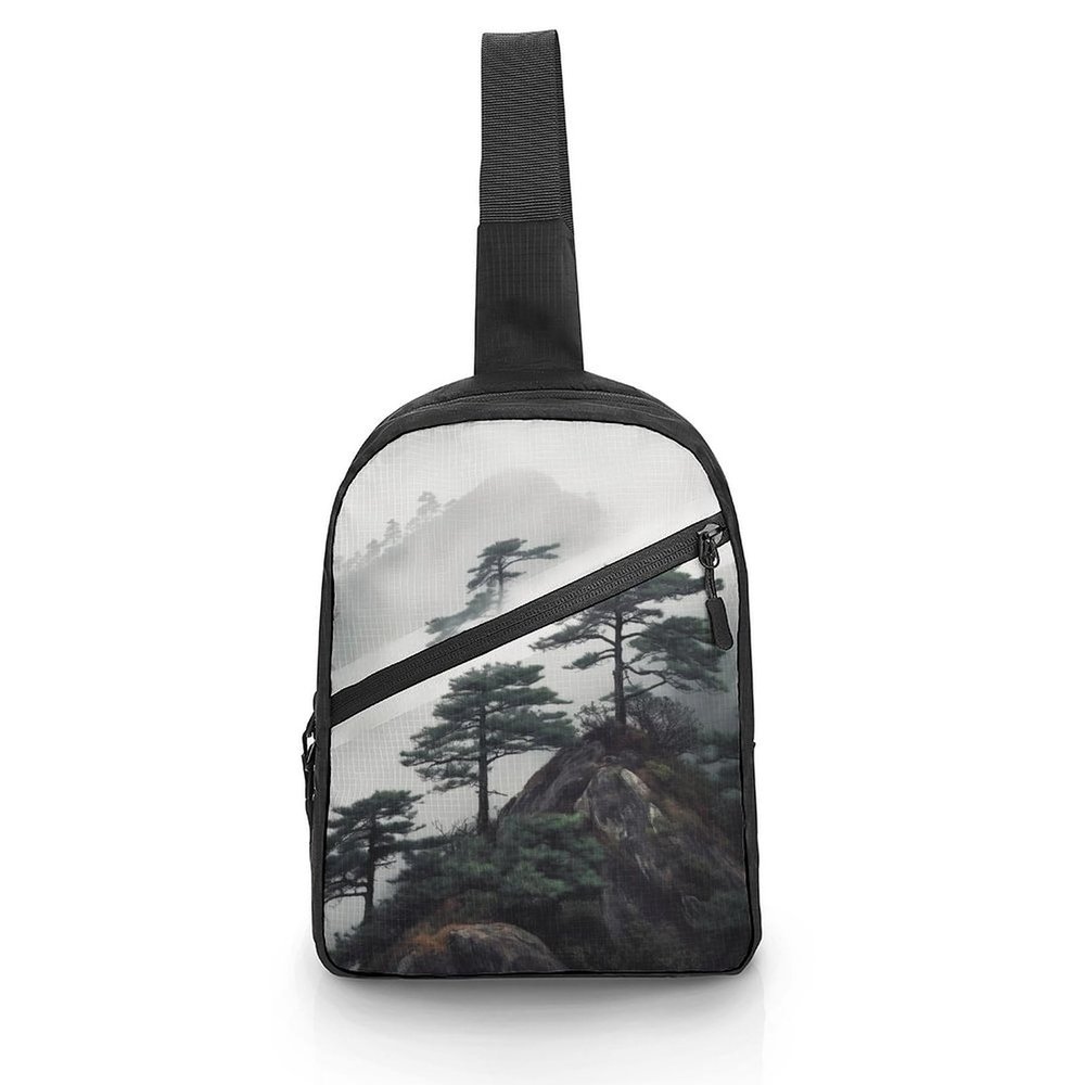 BTCOWZRV Sling Bag for Women Men Crossbody Sling Backpack Foggy Mountain Pine Tree Chest Bags Shoulder Backpack Travel Hiking Daypack