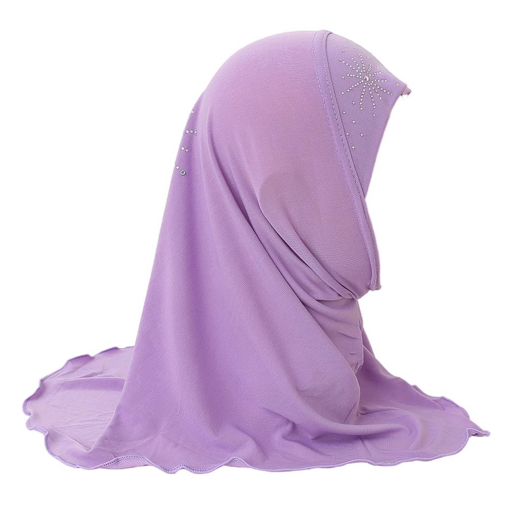 JIAHG Muslim Jersey Hijab with Rhinestones Islamic Prayer Turban Head Cover Wrap Scarf Shawls for Little Girls Aged 2-7Y
