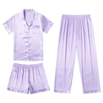 Ekouaer Silk Pajamas for Women Set Satin Pjs Soft Short Sleeve Button Down Sleepwear 3 Piece Loungewear,Lilac,XL