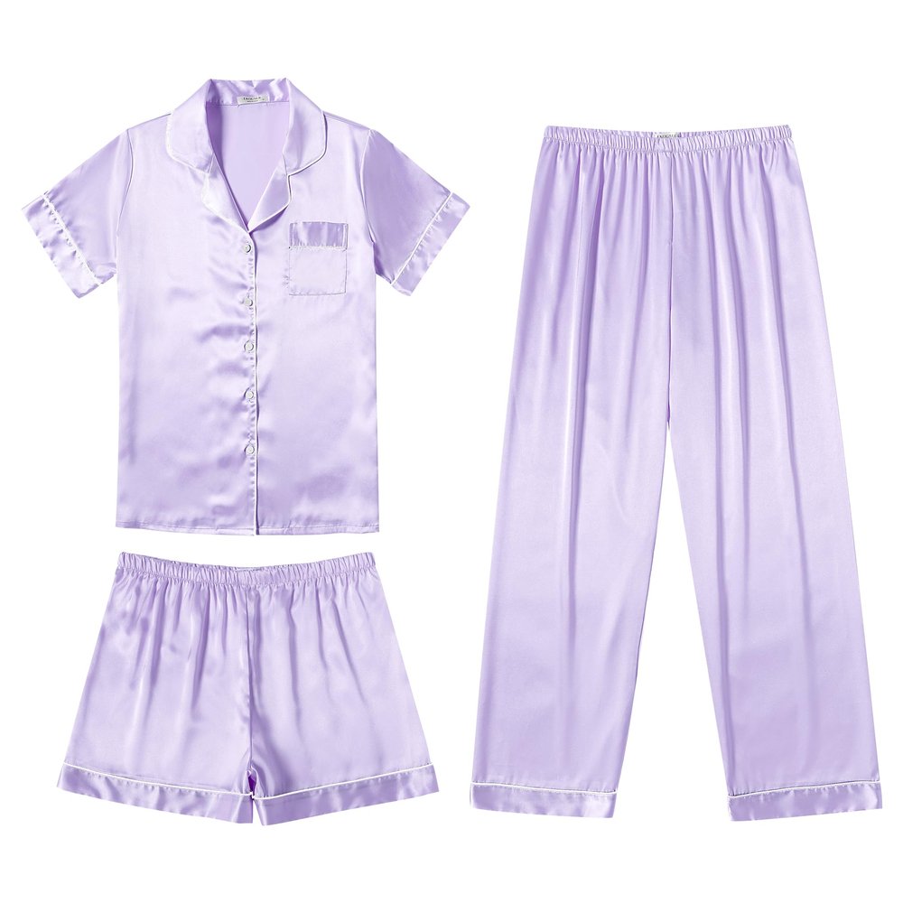 Ekouaer Silk Pajamas for Women Set Satin Pjs Soft Short Sleeve Button Down Sleepwear 3 Piece Loungewear,Lilac,XL