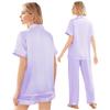Ekouaer Silk Pajamas for Women Set Satin Pjs Soft Short Sleeve Button Down Sleepwear 3 Piece Loungewear,Lilac,XL view 3