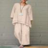 2 Piece Cotton Linen Outfits for Women Plus Size Linen Set Loose Long Sleeve Shirts Wide Leg Pants Suits view 2