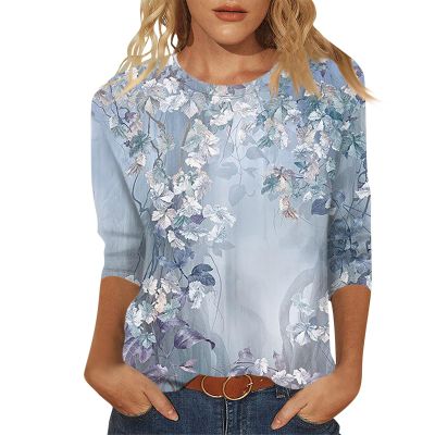 3/4 Sleeve T Shirts for Women Plus Size Casual Print Cute Summer Tops Round Neck Shirts Loose Three Quarter Sleeve Floral Blouses Fashion Tunic Tops Business Outfits S-5Xl Plus Size Tops for Women