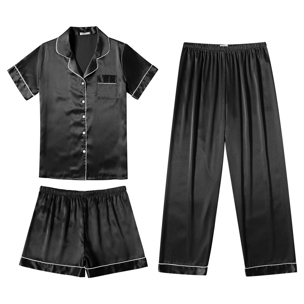 Ekouaer Silk Pajamas for Women Set Satin Pjs Soft Short Sleeve Button Down Sleepwear 3 Piece Loungewear,Black,XXL