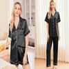 Ekouaer Silk Pajamas for Women Set Satin Pjs Soft Short Sleeve Button Down Sleepwear 3 Piece Loungewear,Black,XXL view 4
