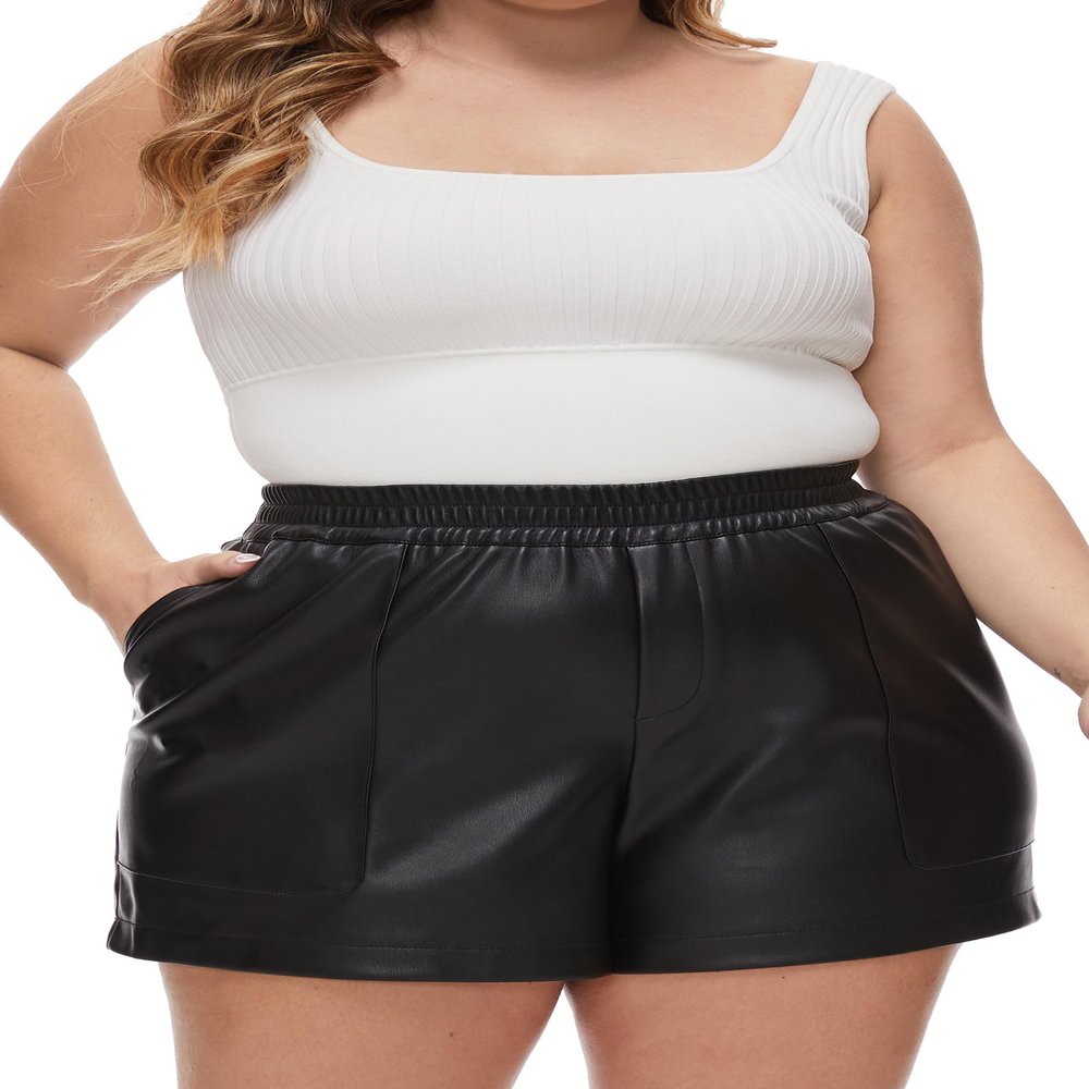 Fahsyee Plus Size Black Shorts - Faux Elastic High Waisted Leather Short for Women PU Pleather Casual with Pockets 3X