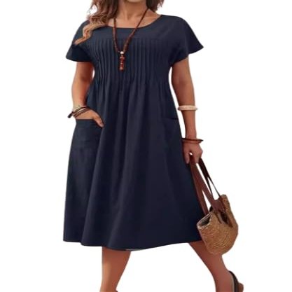 Akivide Women Summer Cotton Linen Pleated Maxi Dress Short Sleeve Crewneck Casual Plus Size Loose Flowy Beach Long Tunic Tshirt Dress with Pocket
