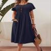 Akivide Women Summer Cotton Linen Pleated Maxi Dress Short Sleeve Crewneck Casual Plus Size Loose Flowy Beach Long Tunic Tshirt Dress with Pocket view 2