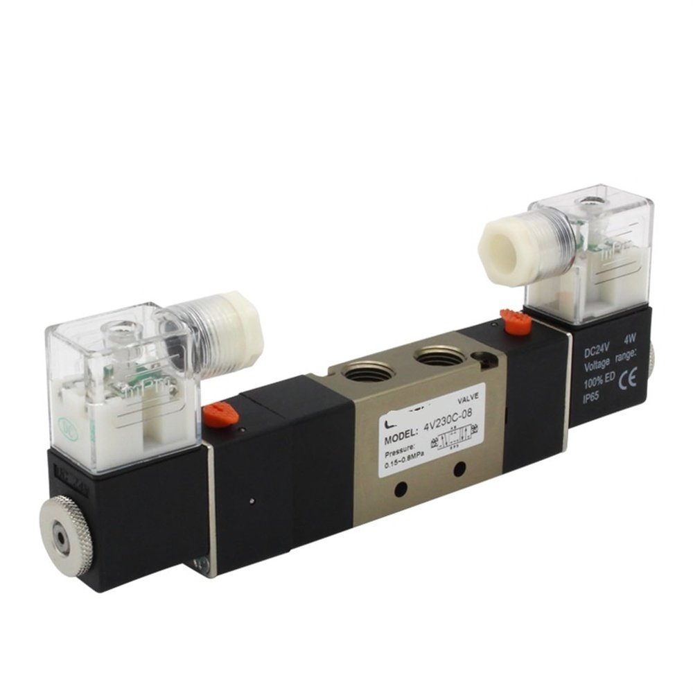 DOUFUDIA 4V230C-08 4V230E-08 4V230P-08 5 Way 3 Position 1/4inch Pneumatic Solenoid Valve Double Coil DC12V DC24V AC220V 1Pcs (Color : With 6mm fittings, Size : 4V230P-08 DC24V)