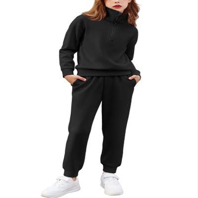 Arshiner Teen Girl Clothes Long Sleeve Half Zip Sweatsuits Black Sweatshirt and Sweatpants Lounge Set Black 12-13Y