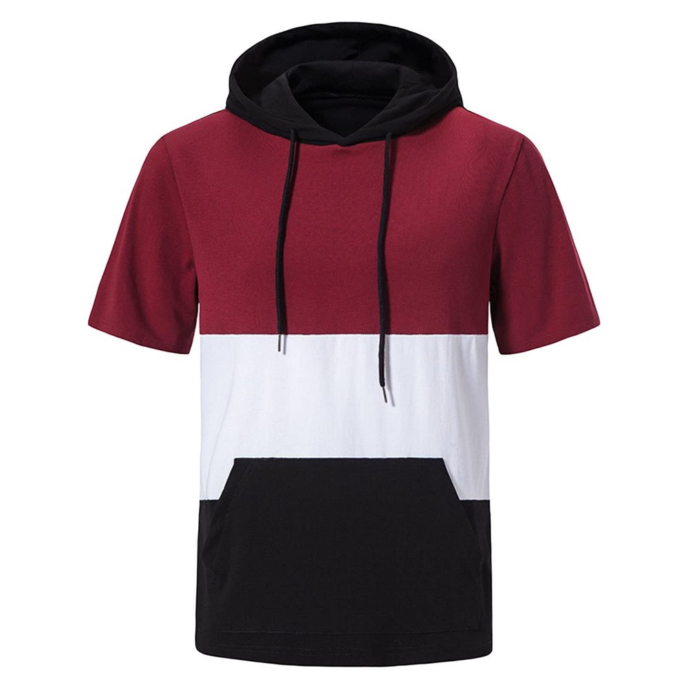 Generic Men'S Short Sleeve Hoodie Fashion Color Block Cotton Athletic Hooded T-Shirts Casual Muscle Workout Sweatshirts Pullover (X-Large,Wine Red)