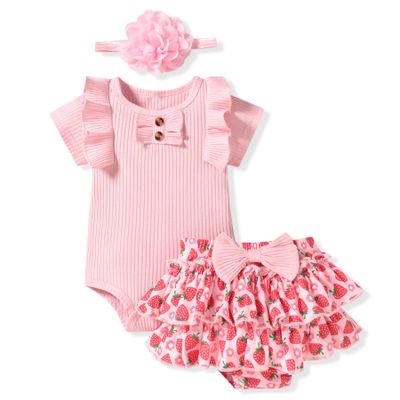 Aalizzwell 3-6 Months Infant Baby Girls Summer Clothes Ribbed Short Sleeve Strawberry Ruffle Shorts Spring Outfit