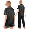 Ekouaer Silk Pajamas for Women Set Satin Pjs Soft Short Sleeve Button Down Sleepwear 3 Piece Loungewear,Black,L view 3