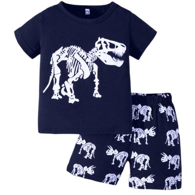 AMIMOJY Toddler Kids Summer Dress Short Sleeve Pajamas Cartoon Dinosaur T Shirts Tops Shorts Clothes Boy Girls Outfits 2Pcs, White