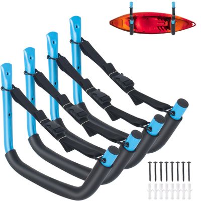 ORLANG 4 Pack Kayak Storage Rack, 15 Inch Kayak Rack for Garage, Kayak Hooks for Garage Wall with Nylon Straps, Kayak Wall Mount Hangers for Kayaks, Surfboards, Canoes, Snowboards, Tools (Blue)