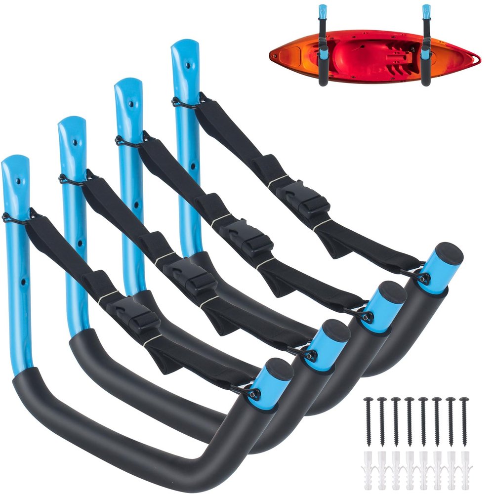 ORLANG 4 Pack Kayak Storage Rack, 15 Inch Kayak Rack for Garage, Kayak Hooks for Garage Wall with Nylon Straps, Kayak Wall Mount Hangers for Kayaks, Surfboards, Canoes, Snowboards, Tools (Blue)