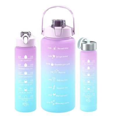 Amoo Water Bottle 3Pcs Set, Sports Water Bottles with Time Label, Motivational Water Bottles, 2 L + 900ml + 300ml, Leak-Proof Gym Bottle BPA-Free Water Bottle with Straw for Women and Men (Purple)