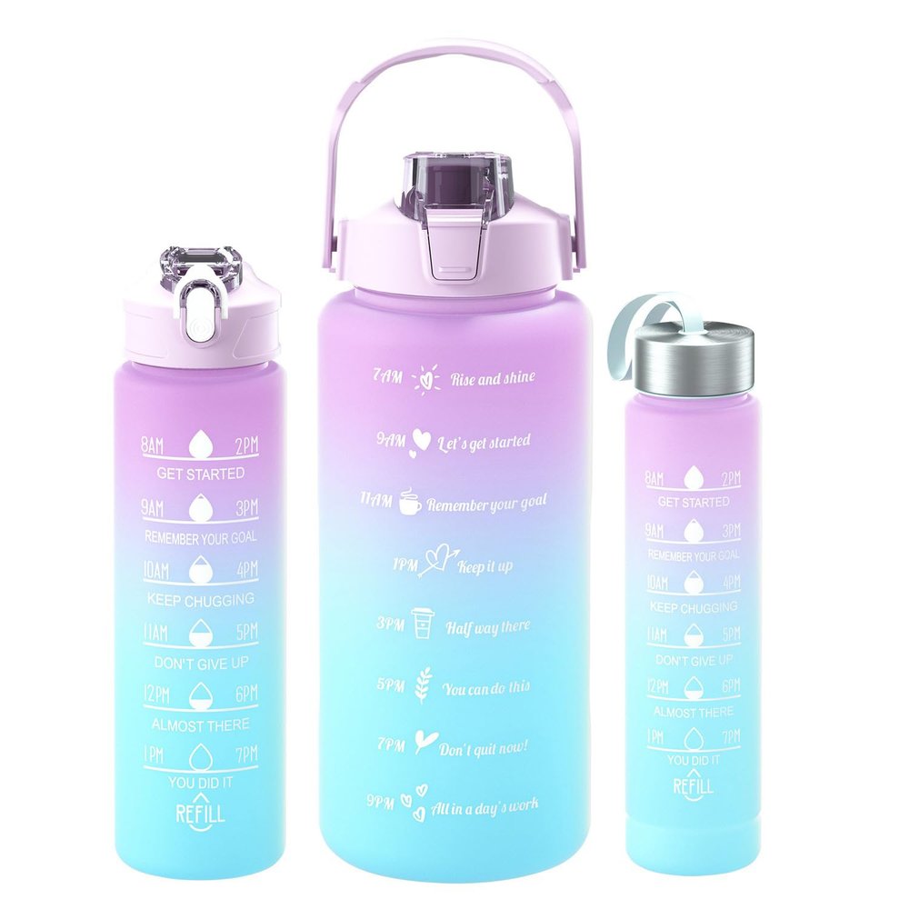 Amoo Water Bottle 3Pcs Set, Sports Water Bottles with Time Label, Motivational Water Bottles, 2 L + 900ml + 300ml, Leak-Proof Gym Bottle BPA-Free Water Bottle with Straw for Women and Men (Purple)