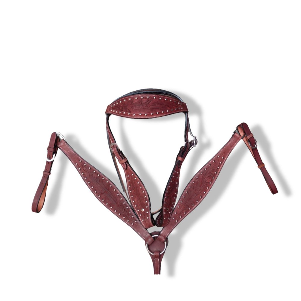 COLTORO SADDLE Leather Headstall and Breast Plate Set Hand Tooling Floral with Stainless Steel Hardware