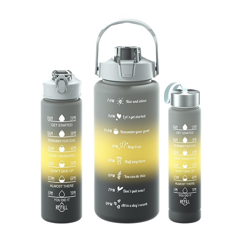 Amoo Water Bottle 3Pcs Set, Sports Water Bottles with Time Label, Motivational Water Bottles, 2 L + 900ml + 300ml, Leak-Proof Gym Bottle BPA-Free Water Bottle with Straw for Women and Men (Gray)