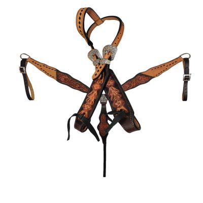 COLTORO SADDLE Leather One Ear Headstall and Breast Plate Set Hand Tooling Floral with Stainless Steel Attachments