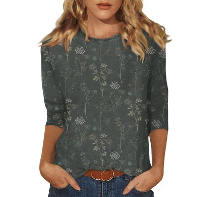 3/4 Sleeve T Shirts for Women Printed Crewneck Cute Summer Tops 2025 Shirts Elegant Floral Blouses Spring Long Tunics or Tops to Wear with Leggings S-3Xl 3/4 Sleeve Tops for Women Light Gray