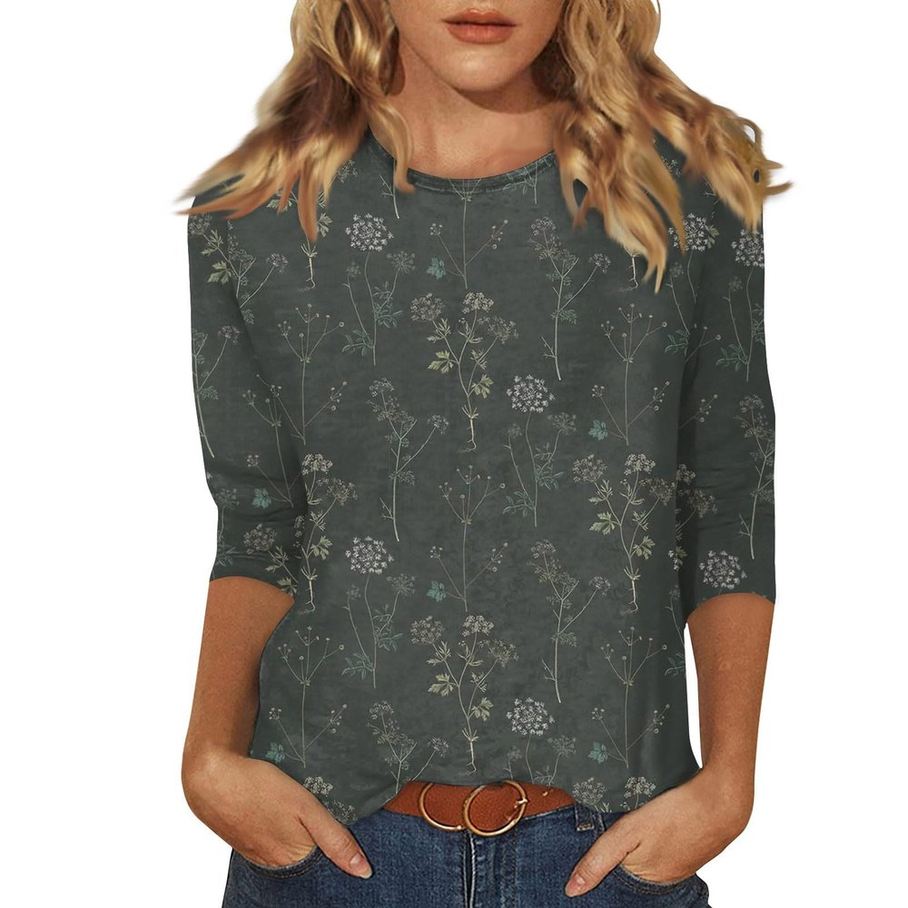3/4 Sleeve T Shirts for Women Printed Crewneck Cute Summer Tops 2025 Shirts Elegant Floral Blouses Spring Long Tunics or Tops to Wear with Leggings S-3Xl 3/4 Sleeve Tops for Women Light Gray