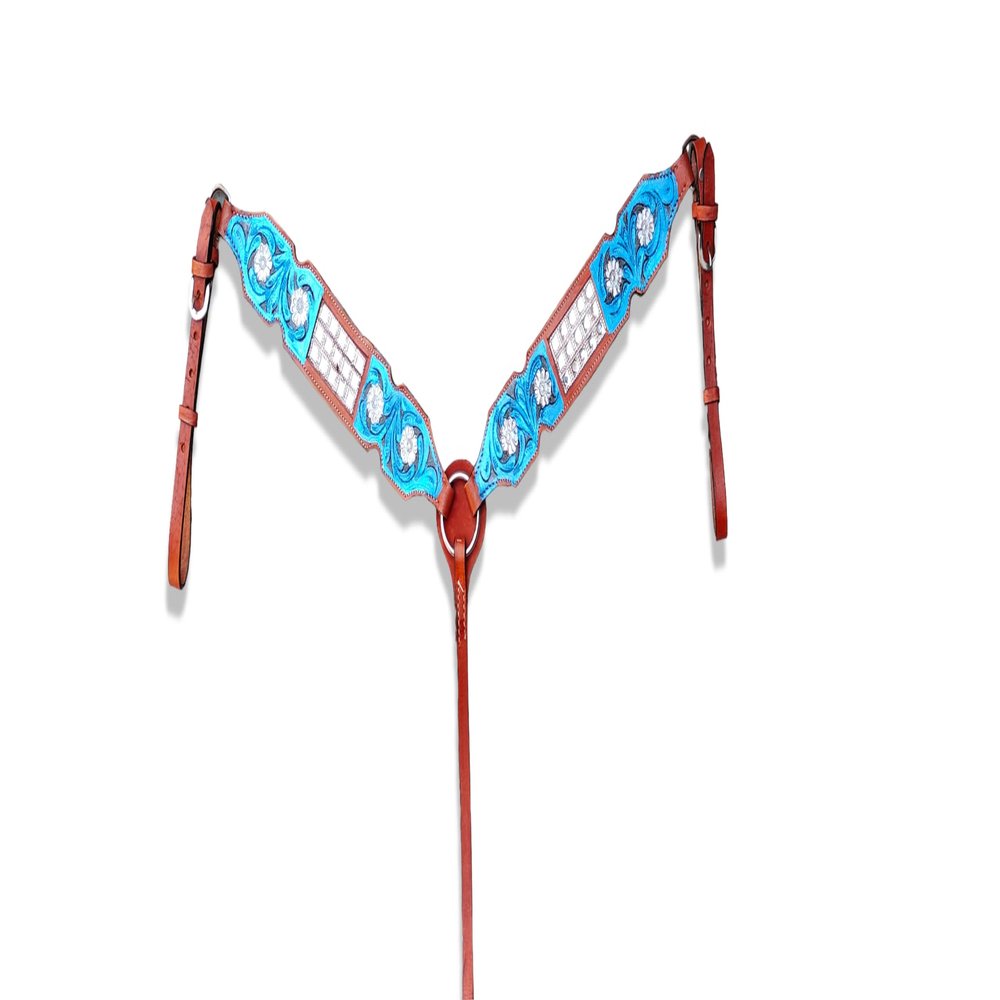 COLTORO SADDLE Western Leather Breast Collar Tack Blue Stainless Steel Metallic Look with Rhinestone