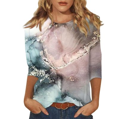 3/4 Sleeve T Shirts for Women Crew Neck Printed Casual Tops 2025 Cute Summer Shirts Three Quarter Sleeve Floral Spring Blouses Fashion Tunic Tops Business Outfits S-3Xl 3/4 Sleeve Tops for Women Pink