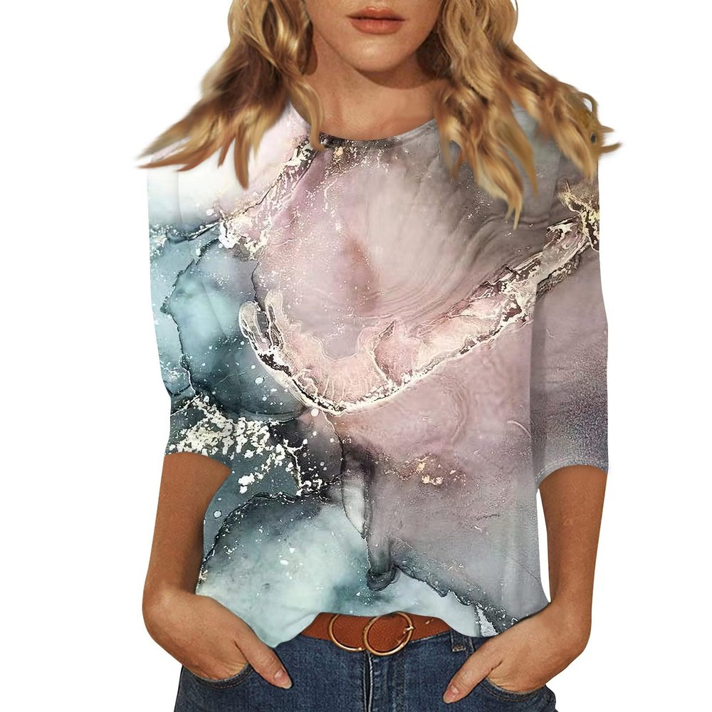 3/4 Sleeve T Shirts for Women Crew Neck Printed Casual Tops 2025 Cute Summer Shirts Three Quarter Sleeve Floral Spring Blouses Fashion Tunic Tops Business Outfits S-3Xl 3/4 Sleeve Tops for Women Pink