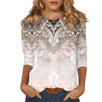 3/4 Sleeve T Shirts for Women Printed Crewneck Cute Summer Tops 2025 Casual Shirts Three Quarter Sleeve Floral Spring Blouses Fashion Tunic Tops Business Outfits S-3Xl 3/4 Sleeve Tops for Women Khaki