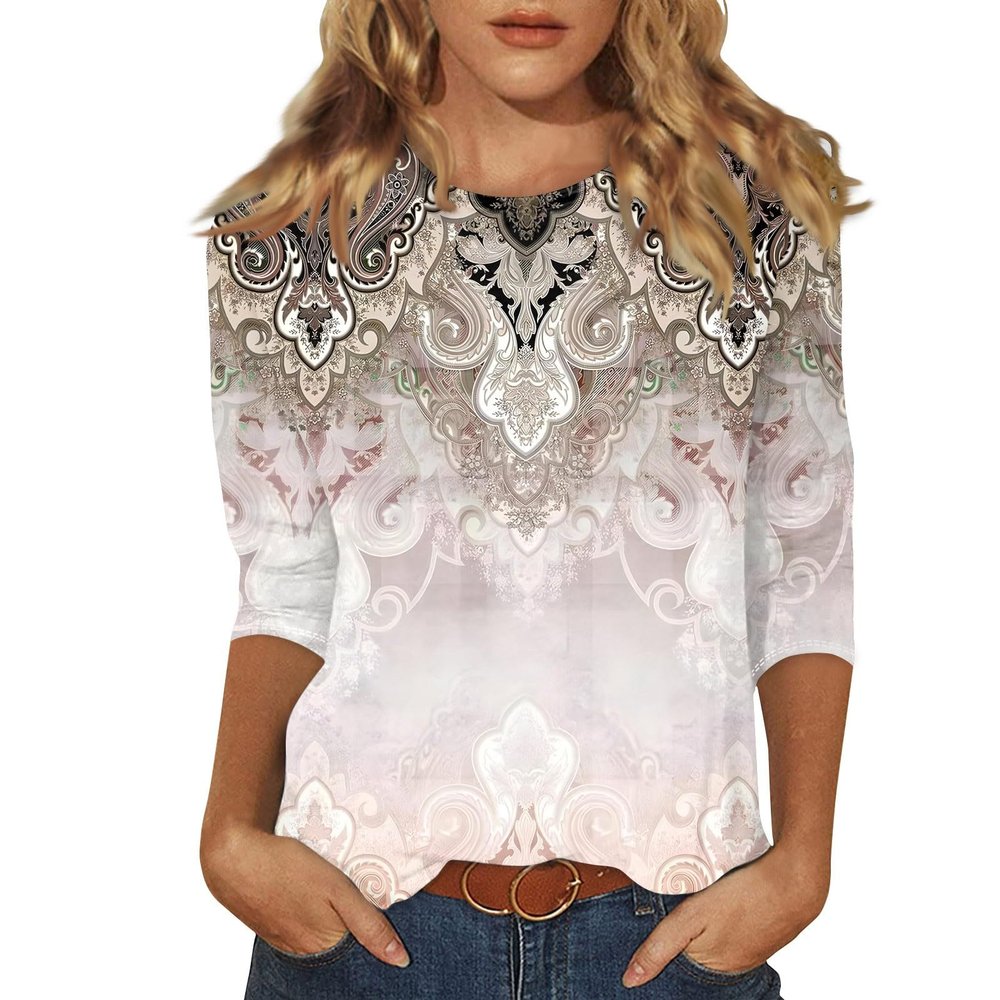 3/4 Sleeve T Shirts for Women Printed Crewneck Cute Summer Tops 2025 Casual Shirts Three Quarter Sleeve Floral Spring Blouses Fashion Tunic Tops Business Outfits S-3Xl 3/4 Sleeve Tops for Women Khaki