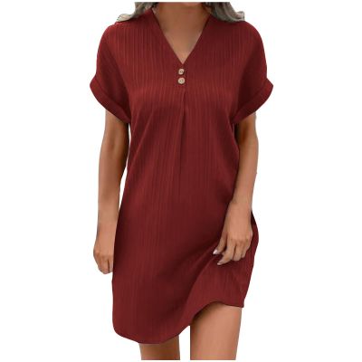 2026 Women 2026 Casual Mini Dresses Rolled Up Short Sleeve V Neck Shift Dress Summer Elegant Textured Dresses Loose Tunic Dress Robe Demoiselle D'Honneur Femme