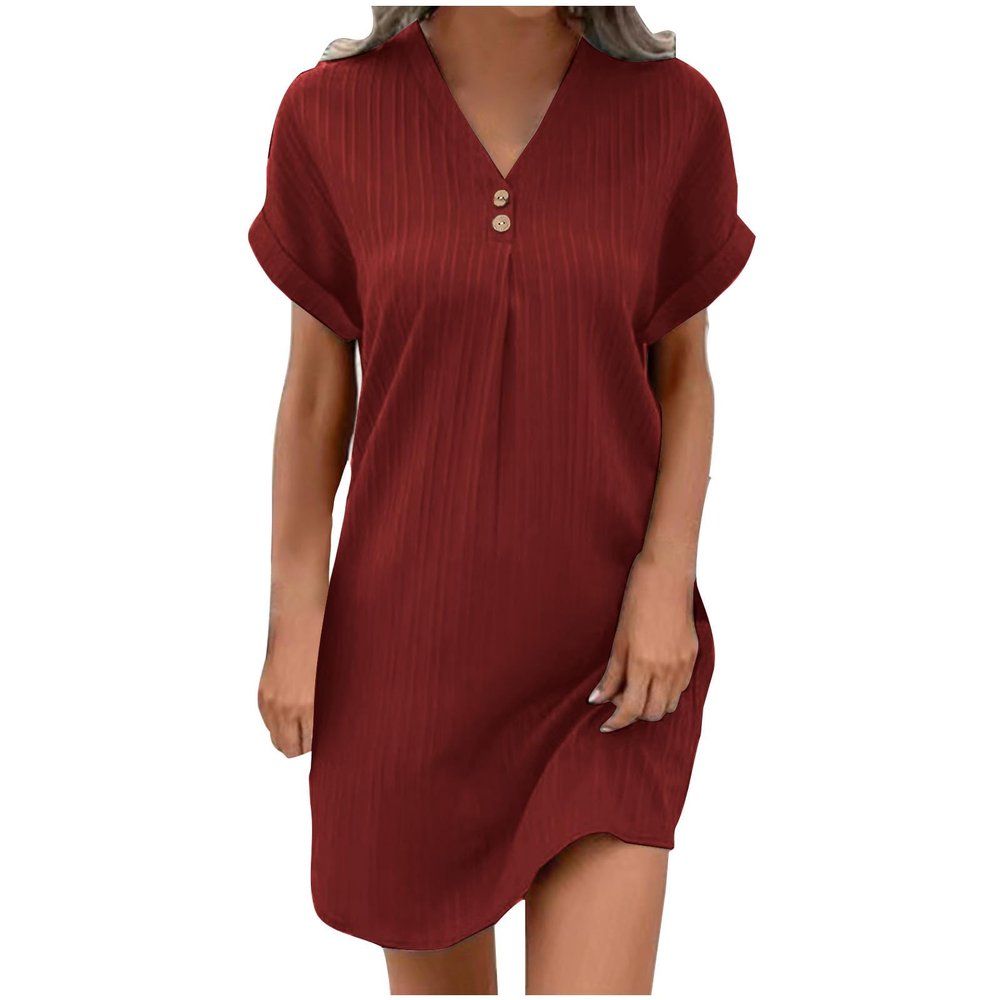 2026 Women 2026 Casual Mini Dresses Rolled Up Short Sleeve V Neck Shift Dress Summer Elegant Textured Dresses Loose Tunic Dress Robe Demoiselle D'Honneur Femme