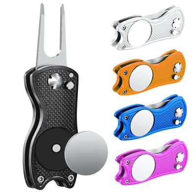 Middletown Outdoors Golf Divot Tool with Magnetic Ball Marker, Multifunctional Divot Tool, Foldable Fork,Fix Divots, Clean Clubs and Cleats, U Shape Bottom can Hold Club, Black