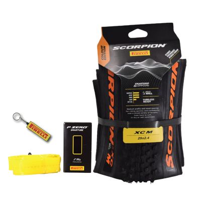 Pirelli Scorpion XC M Orange Label 60-622 (29x 2.4) MTB Bicycle Tire & SmarTUBE 23/32-622 Set- Designed for Hardpacked Courses and Mixed Terrains, 120TPI - Mountain Bike Tire w/Keychain