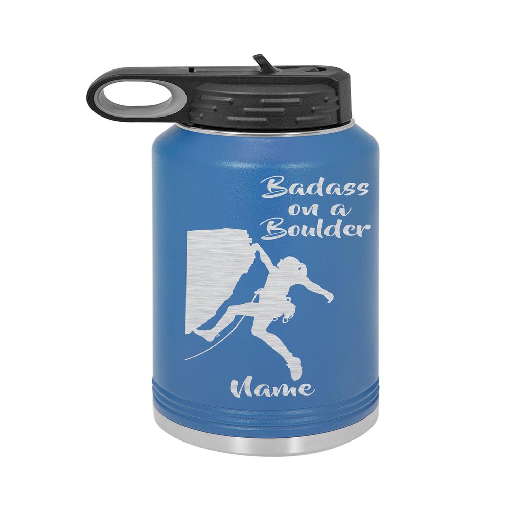 20oz or 32oz Insulated Waterbottle with Flip Lid and straw, Woman Rock Climbing, Personalization Included