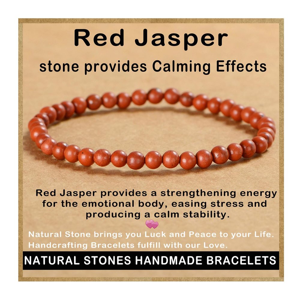 AD Beads Handmade Gemstone Stretch Elastic Bracelet Crystal Healing Reiki Nature's Beauty and Spiritual Essence Unisex (4mm, Red Jasper)