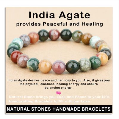 AD Beads Handmade Gemstone Stretch Elastic Bracelet Crystal Healing Reiki Nature's Beauty and Spiritual Essence Unisex (8mm, Indian Agate)