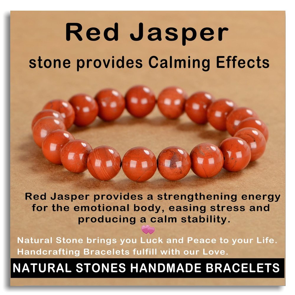AD Beads Handmade Gemstone Stretch Elastic Bracelet Crystal Healing Reiki Nature's Beauty and Spiritual Essence Unisex (10mm, Red Jasper)