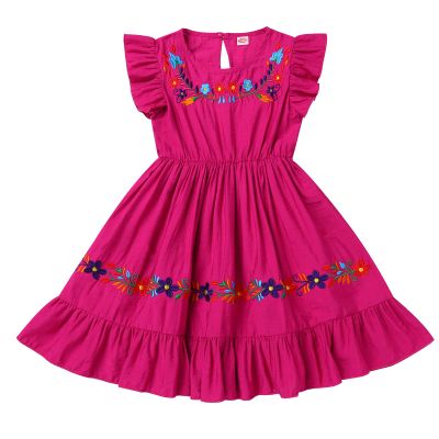 ABAFIP Baby Girls Mexican Embroidered Dress Toddler Girls Ruffle Sleeveless Floral Summer Cinco De Mayo Traditional Fiesta Dress Rose 12-18 Months